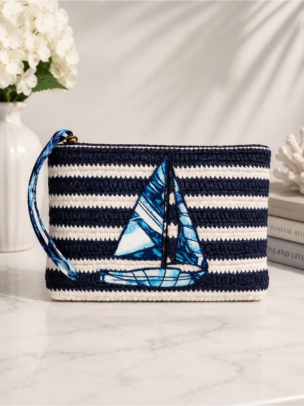 Vera Bradley Nautical Sailboat Straw Wristlet Blue White Stripe Zip bag - Picture 1 of 12